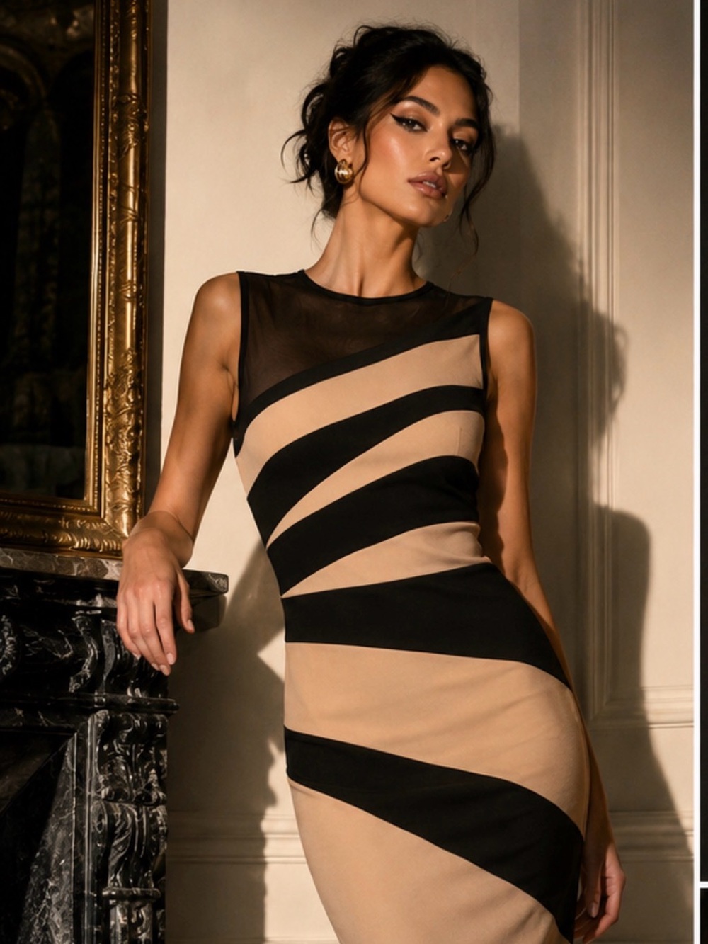 Marciano Black and Tan Midi cocktail Dress